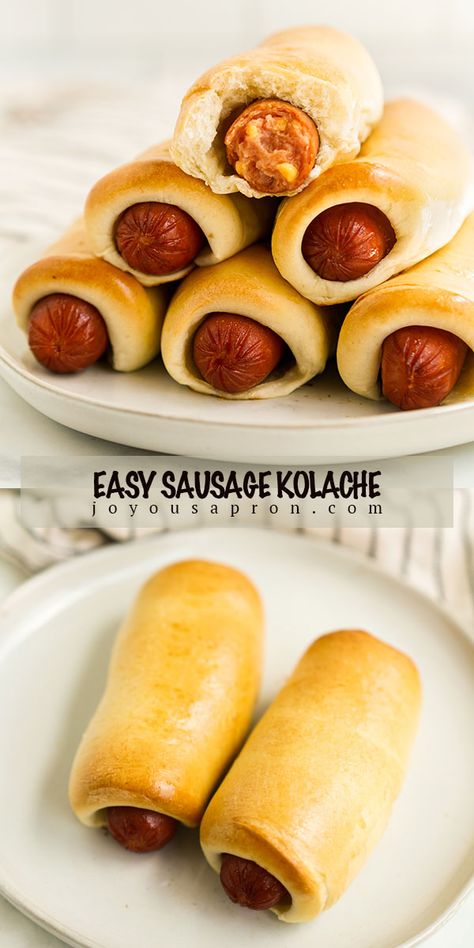 Easy Sausage Kolache - a popular breakfast and snack item in Texas! Yeast bread rolls wrapped around cheesy sausage. This is a super easy and quick way to make kolaches! No kneading required! #ad #breakfast #texas #kolache #bread #sausage #snack #recipe #joyousapron @rhodesbread Authentic Kolache Recipe, Sausage Kolache, Sausage Kolache Recipe, Rhodes Rolls Recipes, Joyous Apron, Pastry Breakfast, Kolache Recipe, Easy Bread Recipe, No Yeast Dinner Rolls