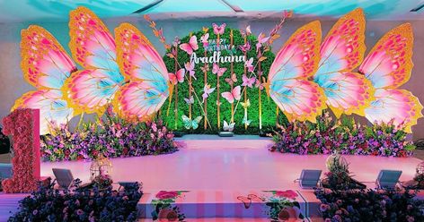 #1stbirthday #butterflytheme | Instagram Stages Of A Butterfly, Marriage Images, Reception Stage, Reception Stage Decor, Birthday Theme Decoration, Cradle Ceremony, Stage Decor, Stage Decoration, Birthday Balloon Decorations