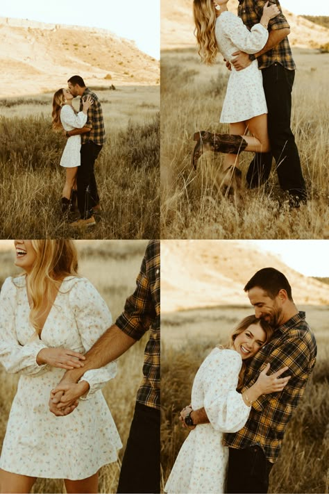 Engagement Boho Photoshoot, Boho Engagement Photoshoot, Bluebonnet Photoshoot Couples, Sage Green Dress Engagement Photos, Boho Country Engagement Photos, Couples Photoshoot Boho, Fall Rustic Engagement Photos, Western Anniversary Pictures, Rustic Boho Engagement Photos