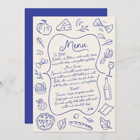 Enhance your wedding reception with this illustrated menu card. Featuring hand-drawn food icons and a classic design, this customizable menu card adds a charming touch to your special day. Perfect for showcasing your carefully curated menu, this card is both elegant and functional, making it a beautiful keepsake for your guests. Ideal for weddings, anniversaries, or any sophisticated event, this menu card blends style with practicality. Italian Dinner Menu Design, Digital Menu Design Ideas, Italy Menu Design, Illustrated Menu Design, Italian Wedding Menu Ideas, Handmade Menu Card, Italian Dinner Party Menu Ideas, Italian Menu Design, Modern Menu Design