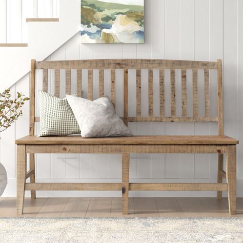 This rustic wooden bench brings a traditional touch to your dining space or den. Its frame is made from solid pine wood, and it features a classic slat-back design that gives your space an open look. Its clean-lined silhouette showcases a distressed finish for a hint of character and depth to your decor, and an armless design that gives you more room to move. Best of all, the wide design of the bench is great for sitting down alone or with a friend. Wood Bench With Back, Rustic Wooden Bench, Farmhouse Entry, Bench With Back, Solid Wood Benches, Farmhouse Bench, Entry Bench, Solid Wood Dining Set, Solid Wood Storage