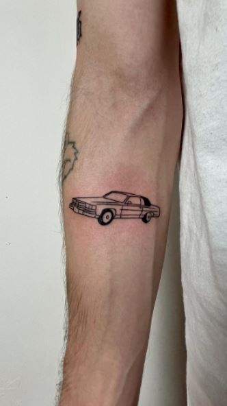 Car Line Art Tattoo, Minimalistic Car Tattoos, Red Car Tattoo, Old Mustang Tattoo, Fast Car Tattoo Tracy Chapman, Emma Chamberlain Car Tattoo, Minimal Car Tattoos, Retro Car Tattoo, Vintage Car Tattoo Design