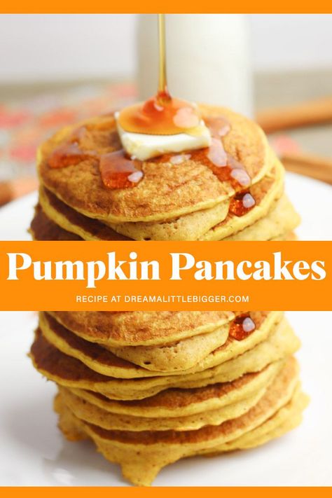 Using pancake mix, these gluten free pumpkin pancakes aren't just amazing, they're also quick and easy! Get the recipe to make them.  #pumpkinrecipes #glutenfreerecipeseasy #glutenfreebreakfast #glutenfreepancakes #gfbreakfast Pumpkin Pancake, Light Fluffy Pancakes, Pumpkin Spice Pancakes, Gluten Free Pumpkin Pancakes, Pumpkin Pancake Recipe, Pumpkin Pie Pancakes, Pumpkin Spiced Latte Recipe, Fluffy Pumpkin Pancakes, Pumpkin Pancakes Easy