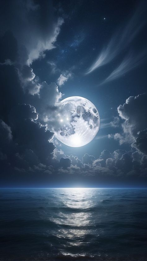 Aesthetic Lock Screen Wallpaper, Moon Over The Ocean, Moon Digital Art, Full Moon Pictures, Aesthetic Lock Screen, Night Landscape Photography, Wallpaper Moon, Ocean At Night, Android Wallpaper Art