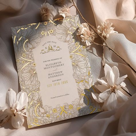 Save the Date Muted White Pimpernel Vintage Morris Foil Invitation Whimsical Wedding Invitations, Vintage Wedding Stationery, Art Nouveau Weddings, Traditional Wedding Invitations, Foil Wedding Invitations, Foil Invitations, Vintage Wedding Invitations, Whimsical Wedding, Wedding Art