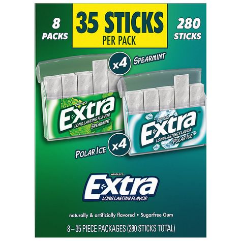 Extra knows: When you give Extra, you get extra. With a total of 280 sticks in this sugar-free mint gum assortment pk., you have unlimited ways to share the joy of your favorite chewing gum. This gum pack features eight pk. of everyone's favorite Extra mint gum flavors with four Peppermint gum and four Spearmint gum packs. Each pack includes 35 individually wrapped sticks of bold mint gum flavor, making it easy to enjoy fresh breath on the go. Extra sugar-free Gum gives you a long-lasting flavor for any occasion. Give a piece to your co-pilot on your next road trip, stock up with this bulk gum pack for the office, or hand it out to your family when they need something fresh to get their day started. Fill the pantry with bulk gum and never miss a moment to give Extra. Stock up on chewing gu Extra Gum Flavors, Love Pink Clothes, Gum Pack, Spearmint Gum, Extra Gum, Wrapped Sticks, Pack Of Gum, Gum Flavors, Mint Gum