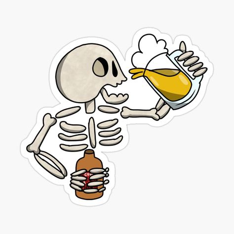 Skeleton Beer Tattoo, Skeleton Drinking Beer Tattoo, Beer Stickers Ideas, Drinking Stickers Alcohol, Skull Stickers Printable, Beer Stickers, Halloween Stickers, Halloween Skull, Cool Stickers