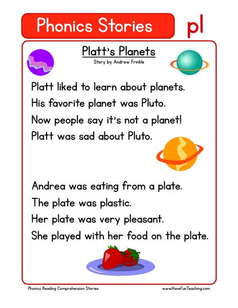 This Reading Comprehension Worksheet - Platt's Planets is for teaching reading comprehension. Use this reading comprehension story to teach reading comprehension. Phonic Stories, Alliteration Poems, Phonic Reading, Phonics Stories, Alphabet Stories, Third Grade Reading Comprehension, Phonics Reading Passages, First Grade Reading Comprehension, Phonics Chart