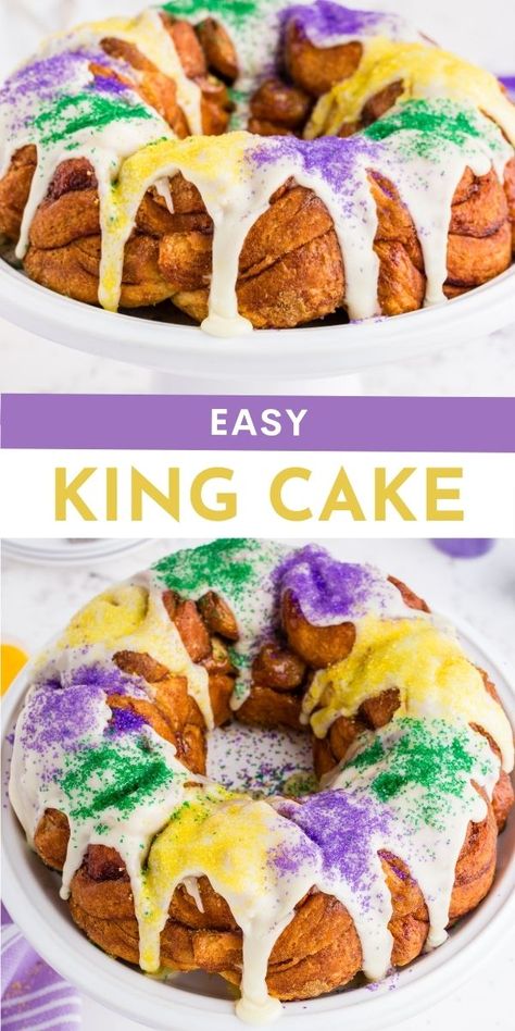 Don't have time to make a traditional King Cake? My Easy King Cake recipe using cinnamon rolls as a base and topped with sweet vanilla icing. via @familyfresh Easy Kings Cake Recipe, King Cake Bundt Recipe, King Cake With Cinnamon Rolls, King Cake Bundt Cake, Epiphany King Cake Recipe, Moist King Cake Recipe, King Cake Epiphany, King Cakes Recipe, King Cake Icing Recipe