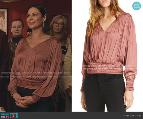 Cassie’s pink v-neck pleated top on Good Witch.  Outfit Details: https://wornontv.net/189766/ #GoodWitch Witch Dresses, Witch Outfits, Witch Style, Catherine Bell, Witch Dress, Good Witch, Tv Fashion, Witch Fashion, Pleated Tops