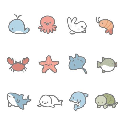 Set of sea animals | Premium Vector #Freepik #vector Cute Ocean Doodles Easy, Cute Cartoon Sea Animals, Cute Underwater Animals, Ocean Animal Stickers, Easy To Draw Sea Animals, Simple Ocean Creature Drawing, Chibi Sea Creatures, Sea Creatures Template, Sea Cute Drawing