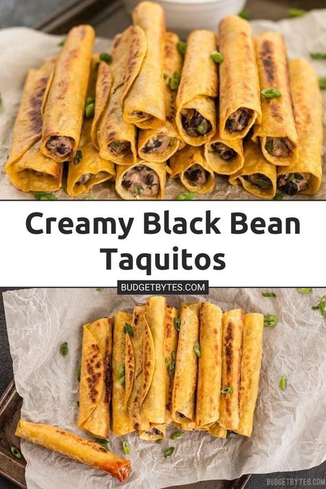 Creamy Black Bean Taquitos are an easy, tasty, and inexpensive appetizer for football parties or just for fun!! Pop over to our site for the recipe! | appetizers | easy snacks | vegetarian recipes | mexican recipes | Black Bean Appetizer, Chicken Black Bean Taquitos, Taquitos Black Bean, Football Party Food Appetizers Vegetarian, Cream Cheese Taquitos Vegetarian, Veggie Taquitos Recipe, Creamy Black Bean Taquitos, Bean Taquitos Baked, Vegetarian Superbowl Snacks