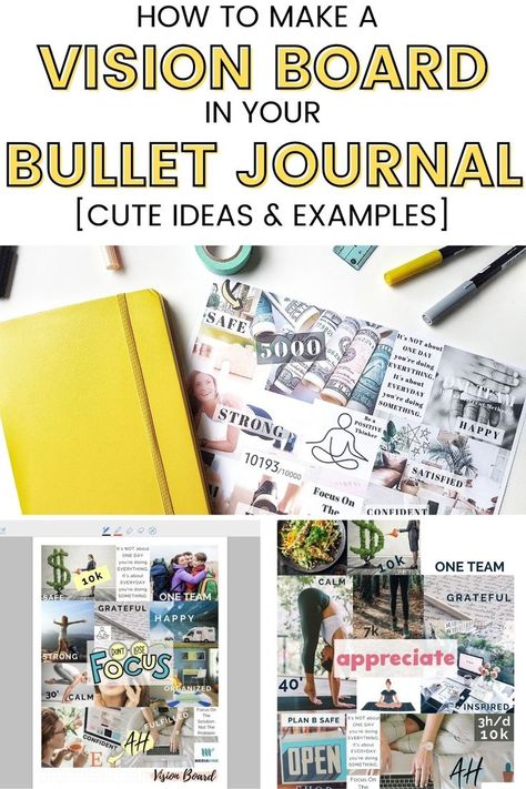 here you can learn how to make a vision board in your bullet journal #anjahome #bulletjournal plus get inspired by some cute ideas and examples Vision Journal Ideas, Bullet Journal Vision Board, Dream Board Ideas, Vision Board Journal, Vision Board Workshop, Vision Board Diy, Make A Vision Board, Create A Vision Board, Creating A Vision