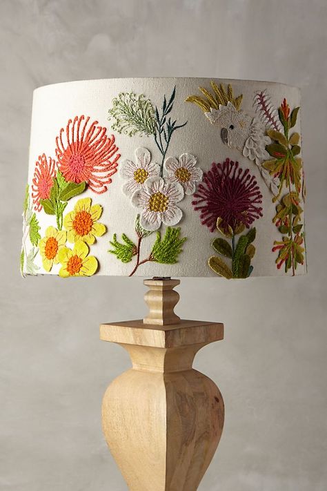 Embroidered Lamp Shade Diy, Diy Lamp Painting Ideas, Cool Lamp Shade, Embroidered Lampshade Diy, Anthro Inspired Home, Anthropologie Lamps, Lamp Shade Diy Ideas, Lamp Shade Painting, Cockatoo Lamp