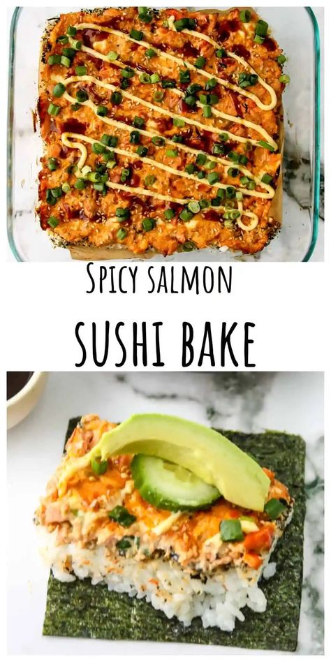 This spicy salmon sushi bake is a deconstructed sushi roll that's baked in a casserole. It's a delicious way to enjoy all the sushi flavors without the mess and fuss of making rolls. Sushi Flavors, Baked Sushi Recipe, Salmon Sushi Recipes, Salmon Sushi Bake, Deconstructed Sushi, Spicy Salmon Roll, Spicy Salmon Sushi, Salmon Casserole, Salmon Sushi Rolls