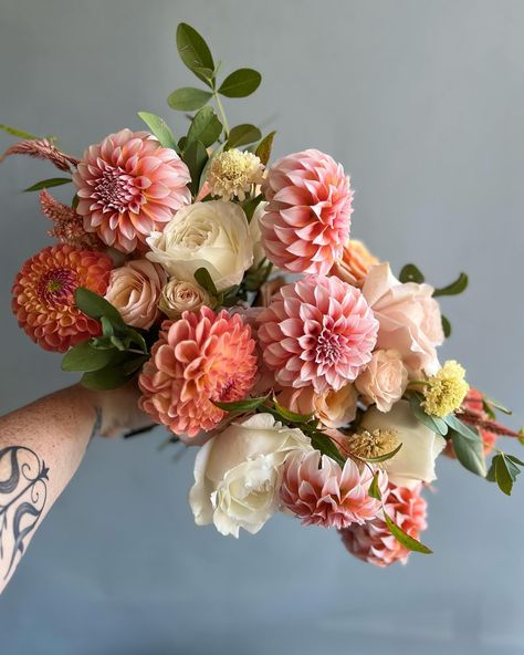 How about a handful of roses and local dahlias? Yes please! #weddingbouquet #dahlia #summerwedding #coloradowedding #coloradoweddingflorist #mountainweddingflorist Dahlia And Roses Bouquet, Dahlias And Peonies Bouquet, Roses And Dahlias Bouquet, Wedding Bouquets Dahlia, Bridal Flowers Dahlia, Dahlias Bouquet, Wedding Dahlias, Dahlia And Peony Bouquet, Summer Dahlia Bouquet