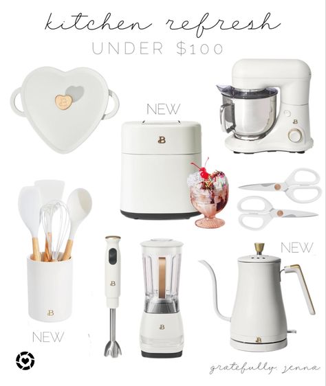 Drew Barrymore Cookware, Beautiful Appliances Drew Barrymore, White And Gold Cookware, Rose Gold Kettle, Best Toaster White Copper, White Kitchen Aid, Caraway Cookware White And Gold, Beautiful By Drew Barrymore, White And Copper Toaster