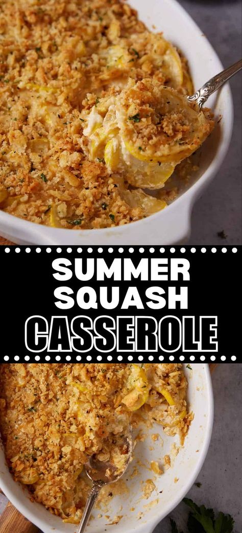 Collage of baking dish full of summer squash casserole at top and bottom. Cheesy Summer Squash Casserole, Healthy Squash Casserole Clean Eating, Squash Casserole With Cream Of Mushroom, Southern Living Squash Casserole Recipe, Simple Squash Casserole, Squash Casserole With Jiffy Cornbread, Squash Casserole With Ritz Crackers, Cheesy Squash Casserole, Casserole With Ritz Crackers