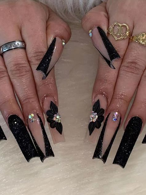 Fake Nails Long, 3d Flower Nails, Black Acrylic Nails, Long Acrylic Nails Coffin, Unique Acrylic Nails, Long Square Acrylic Nails, Bling Acrylic Nails, Square Acrylic Nails, Pretty Acrylic Nails