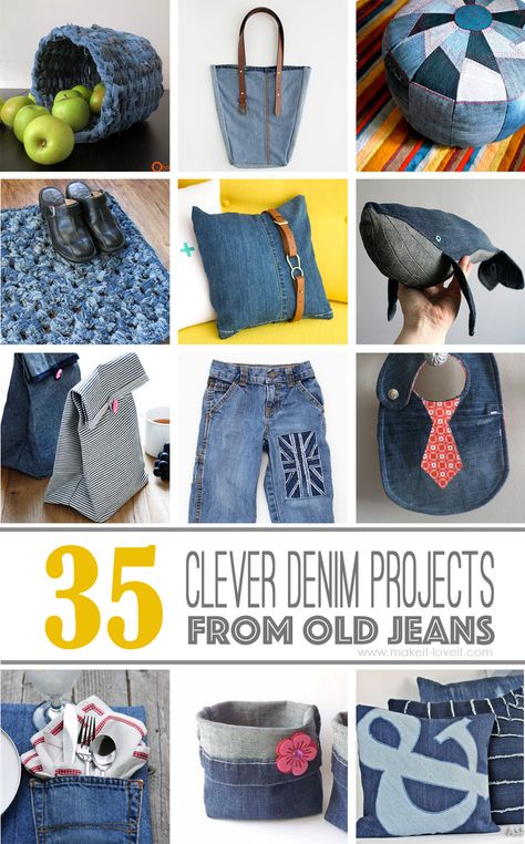 35 Clever Projects from OLD DENIM JEANS | via Make It and Love It What To Do With Old Jeans, Jeans Projects, Återvinna Jeans, Artisanats Denim, Jean Diy, Recyceltes Denim, Creative Diy Projects, Diy Clothes Refashion, Diy Jeans