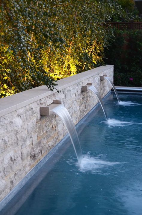 Stone Water Features, Water Feature Wall, Pool Waterfall, Backyard Pool Landscaping, Stacked Stone, Pool Water, Water Feature, Pool Landscaping, Backyard Pool