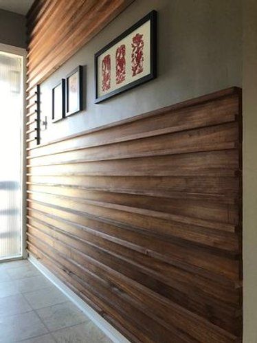 Picture of Wood Slat Wall Horizontal Wooden Slat Wall, French Cleat Office Wall, French Cleat Wall Living Room, Horizontal Wood Paneling Wall, Slatwall Ideas Home, Slatted Fireplace, Coffee Styling, Wood Panneling, French Cleats