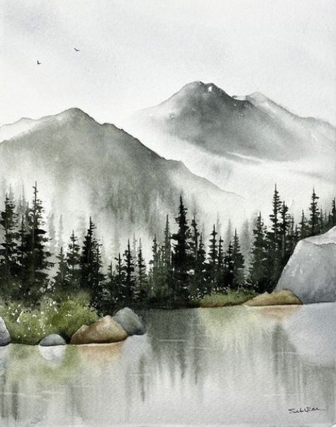 Montana Painting Ideas, Watercolor Landscape Paintings Mountains, Mountain Scene Watercolor, Mountain Trees Painting, Watercolor Mountain Painting, Alaska Watercolor Painting, Winter Mountains Painting, Advanced Watercolor Paintings, Watercolour Mountains Landscapes