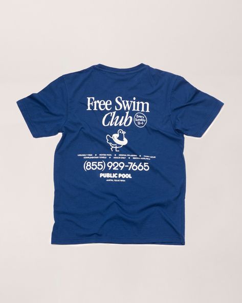 Free Swim Club Tee — Cobalt Free Swim Club, Modern T Shirt Design, Water Tshirt, Simple Shirt Design, School Merch, Club Tshirts, Club Merch, Public Pool, Minimal Shirt Design