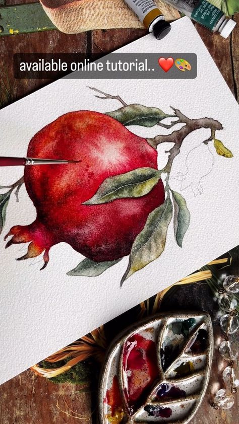 ✨Pomegranate.. relaxing tutorial on Patreon, link in bio ✨ #waterblog #watercolorbotanicals #illustrationnow #inspiring_watercolors… | Instagram Sketches For Watercolor, Pomegranate Watercolor, Watercolor Pomegranate, Fruits Art, Pomegranate Art, Watercolor Beginner, Watercolor Fruit, Watercolor Lessons, Watercolour Inspiration