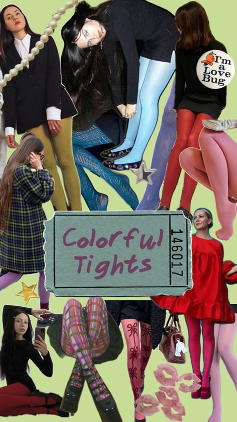 Outfit With Colored Tights, Colour Tights Outfit, Bright Tights Outfit, Colorful Stockings Outfit, Colored Stockings Outfit, Fun Tights Outfit, Funky Tights Outfits, Fun Prints Fashion, Coloured Tights Outfit