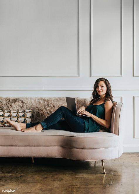 Female blogger sitting on a couch | premium image by rawpixel.com / Felix Sofa Shoot, Woman On Couch, Photography Angles, Chair Poses, Sitting On A Couch, Smart Attire, Branding Shoot, Brand Photoshoot, Fall Family Pictures