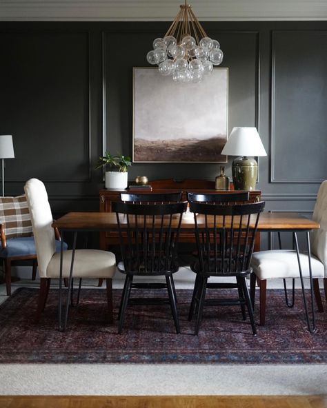 Still shots from our moody dining room 😎📸 The beautiful rug from @loloirugs was the final thing we needed to complete this room 🖤 ✨Comment LINK for a DM to shop✨ #moodydiningroom #darkdiningroom #urbanebronze #plaidcurtains #moodyrug Moody Dining Room, Dining Room Accent Wall, Dark Dining Room, Dramatic Walls, Dream Dining Room, Green Dining Room, Plaid Curtains, Room Accent Wall, Interior Design Living Room