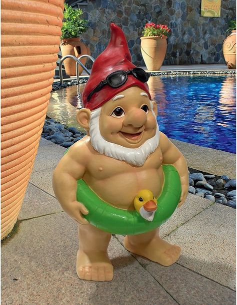 #gnomes #gardengnomes #garden #outdoordecor #pooldecor #summerdecor #poolparty #statue Funny Garden Gnomes, Lawn Gnome, Statue Design, Green Pool, Garden Gnomes Statue, Outdoor Garden Statues, Funny Gnomes, Gnome Statues, Garden Gnomes