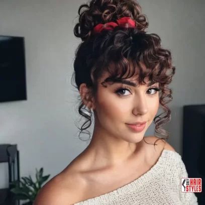 60 Best Curly Hairstyles With Bangs For A Stunning Look! « Only Hairstyles Curly Bangs Hairstyles Updo, Hairdos For Curly Hair With Bangs, Should I Get Bangs With Curly Hair, Curly Hair With Bangs Styles, Mid Length Curly Brown Hair, Curly Bangs Updo Natural Hair, Curly Hairstyles Bangs Natural Curls, Natural Curly Hair With Curtain Bangs, Curly Hair Ponytail With Bangs