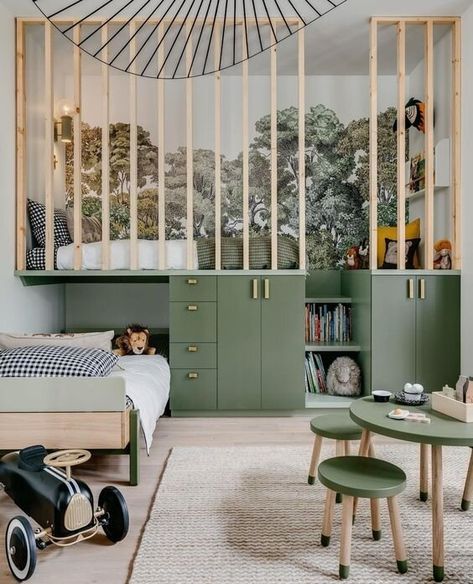 This incredible design incorporates storage and an extra bed by adding another level to the room. Design by Benni Amadi Interiors. San Francisco, Home Interior Design, Bookshelves, Interior Design Kitchen, Interior Design Bedroom, Bed Design, Loft Bed, House Interior, Decor Ideas