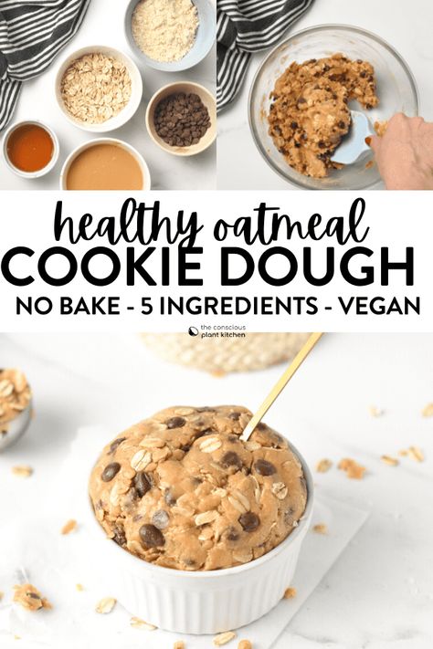 This Edible Oatmeal Cookie Dough is an healthy oatmeal chocolate chip cookie dough recipe made with no refined sugar, no butter and ready in 10 minutes for a quick healthy pre-work out snack. Plus, this cookie  dough is also vegan, gluten-free friendly. Healthy Oatmeal Cookie Dough, Edible Oatmeal Raisin Cookie Dough, Oatmeal Chocolate Chip Cookie Dough, Healthy Chocolate Chip Cookie Dough, Protein Oatmeal Cookie Dough, Healthy Oat Cookie Dough, Healthy Homemade Cookie Dough, Edible Cookie Dough With Oats, No Butter Cookie Dough