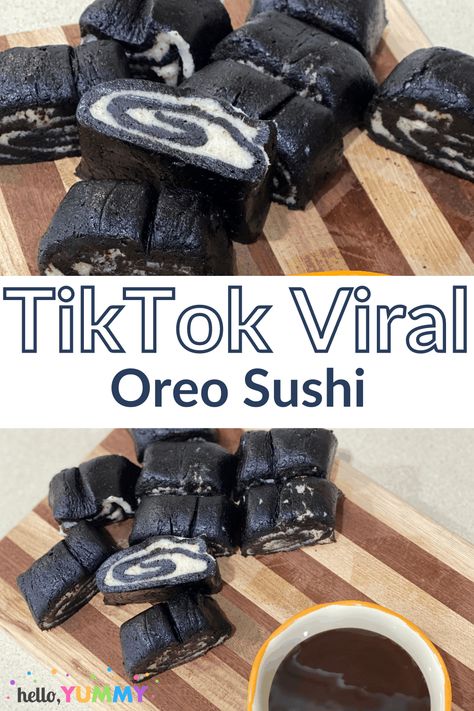 TikTok Oreo Sushi Oreo Sushi Roll Recipe, S’mores Sushi, Oreo Sushi Roll, Oreo Rolls, Oreo Sushi, Bake Sweets, Oreo Filling, Dessert Sushi, Oreo Dessert Recipes