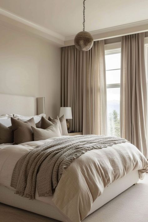 Brown And White Bedroom Ideas Cozy, Neutral Hotel Room, Simple Main Bedroom Ideas, Low Ceiling Bedroom Design, Cozy Neutral Bedroom Ideas, Cool Tone Bedroom Ideas, Peaceful Room Ideas, Peaceful Bedroom Aesthetic, Neutral Colour Bedroom