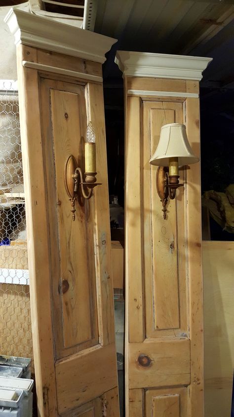 my lighted pilasters! | Freddy & Petunia Shutters Repurposed Decor, Old Door Projects, Doors Repurposed, Old Door, Old Doors, Refurbished Furniture, Recycled Furniture, Redo Furniture, Repurposed Furniture