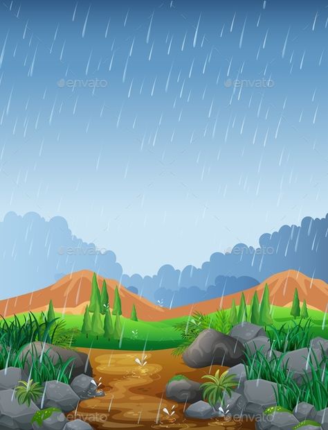 Scene with Rainfall in the Field by interactimages Scene with rainfall in the field illustration Cartoon Background Images Village, Environment Cartoon Background, Rain Cartoon, Cartoon Forest Background, Cartoon Field Background, Spring Backgrounds, Field Illustration, Free Cartoon Characters, Forest Cartoon Background Animation