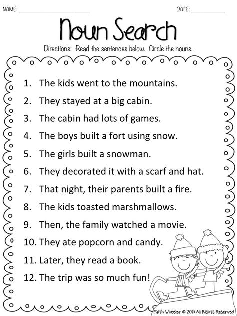 Snow Kids Noun Search Freebie Nouns And Verbs Worksheets, Nouns Worksheet, 1st Grade Writing, First Grade Worksheets, First Grade Writing, Fake Snow, Verb Worksheets, English Grammar Worksheets, Nouns And Verbs