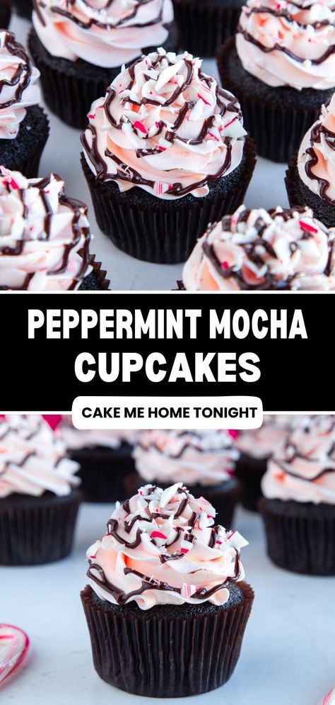 Peppermint mocha cupcakes made with chocolate mocha cake, candy cane buttercream frosting, chocolate ganache, and crushed candy canes. Easy cupcake recipe. Peppermint Mocha Cupcakes, Easy Cupcake Recipe, Chocolate Mocha Cake, Peppermint Cupcakes, Christmas Cupcakes Recipes, Boozy Cupcakes, Frosting Chocolate, Mocha Cupcakes, Mocha Cake