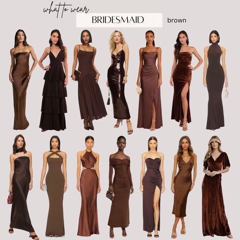 Brown bridesmaid dresses chocolate gowns for fall and winter wedding Chocolate Brown Dress Outfit Wedding, Dark Academia Bridesmaid Dress, Deep Brown Bridesmaid Dresses, Brown And Gold Bridesmaid Dresses, Chocolate Brown Formal Dress, Brown Dress Wedding Guest, Shades Of Brown Bridesmaid Dresses, Chocolate Brown Wedding Theme, Dark Brown Bridesmaid Dresses