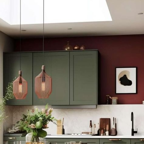 Green And Burgundy Kitchen, Burgundy Kitchen Walls, Kitchen Burgundy, Red Green Kitchen, Forest Green Kitchen, Burgundy Kitchen, Small Open Plan Kitchens, Olive Green Kitchen, Burgundy Interior