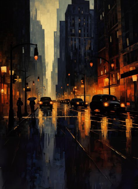 "Step into the captivating world of vintage allure with our exquisite digital print, \"City Hues.\" This enchanting piece captures the essence of a 1930s cityscape on a rainy night, inviting you to experience the romance and mystery of a bygone era. 🌆 Title: \"City Hues\" 🎨 Description: Indulge in the timeless charm of our digital print, \"City Hues.\" This captivating artwork transports you to the electric ambiance of a 1930s city on a rainy night. The play of light on wet pavements, the glow Paintings Of Cityscapes, Driving Through City At Night, Wet Streets Rainy Night, Dark City Scape, Urban Fantasy City, Rainy Night Painting, Rainy City Painting, City At Night Painting, City Night Painting