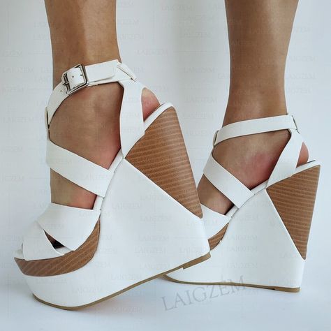 SEIIHEM Women Sandals Platform Wedges Patchwork High Heels Pumps Height Increase Ankle Strap Shoes Woman Big Size Welcome to customize colors/material, etc. More choices for you to be fashion & unique.  You MUST Contact us before placing an customize order.Or the shoes will be sent with default options in our listing. Bridal Shoes Wedges, High Heels For Prom, Platform Pumps Heels, Height Increase, Shoes Heels Classy, Black High Heel Boots, Cute Wedges, Sandals Platform, Fun Heels