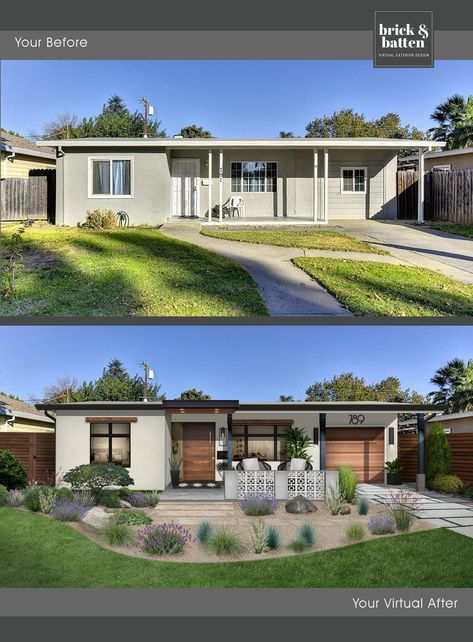 Ranch To Modern Exterior, Florida Concrete Block Homes, Block Home Exterior, California Ranch Exterior, Stucco And Wood Exterior, California Ranch Style Homes Exterior, Gray Stucco Exterior, Mid Century Ranch Exterior, Mid Century Modern Exterior Paint