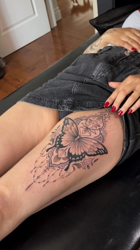 Front Thigh Tattoos, Butterfly Leg Tattoos, Butterfly Thigh Tattoo, Thigh Piece Tattoos, Girl Thigh Tattoos, Hip Thigh Tattoos, Hip Tattoos Women, Chest Tattoos For Women, Thigh Tattoos