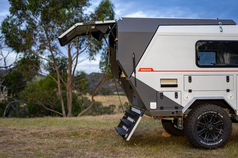 Domino off-road trailer transitions from travel to camp mode on the push of a button – Yanko Design Overlander Trailer, Off Grid Trailers, Off Road Camping, Off Road Camper Trailer, Off Road Trailer, Australian Outback, Off Road Camper, The Push, Tent Poles