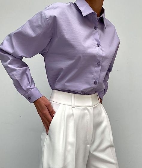 Lavender Button Down Shirt Outfit, Lavender Outfits, Satin Shirt Outfit, Lavender Outfit, Lavender Shirt, Poet Blouse, White Pants Outfit, Classy Clothes, Character Board